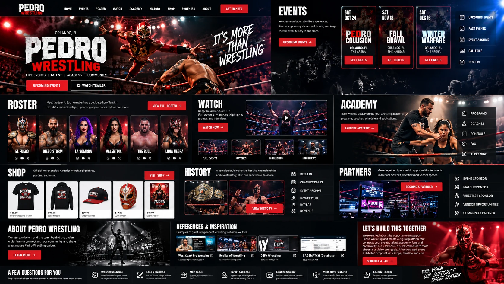 Pedro Wrestling complete website concept board